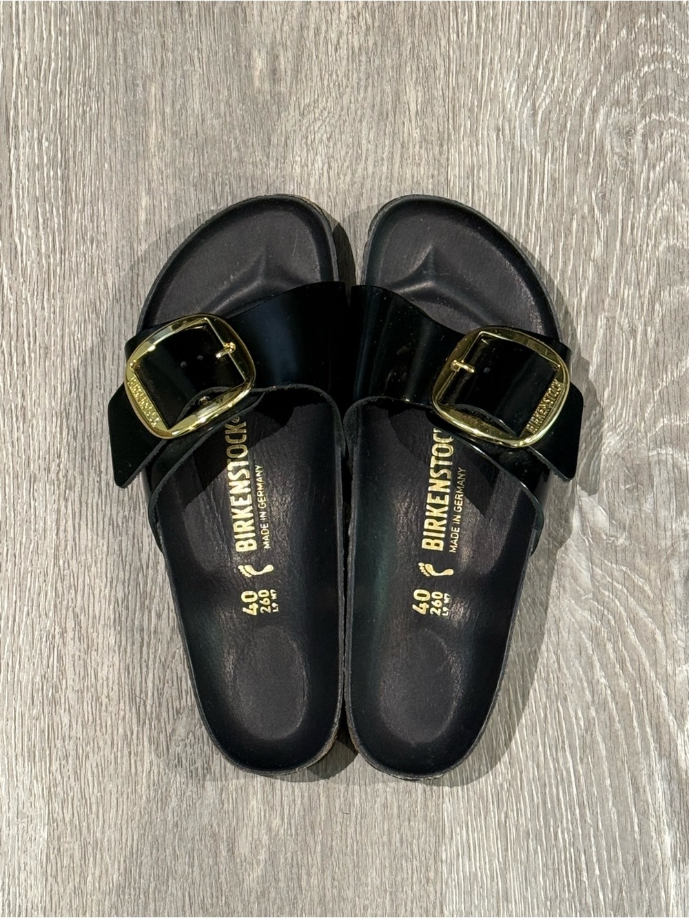 Birkenstock Black Madrid Single Strap Sandals with Gold Buckles